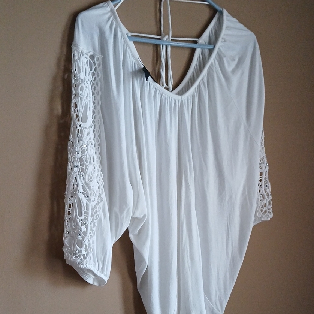 INC International Concepts White Blouse with Lace Sleeves - Picture 4 of 5